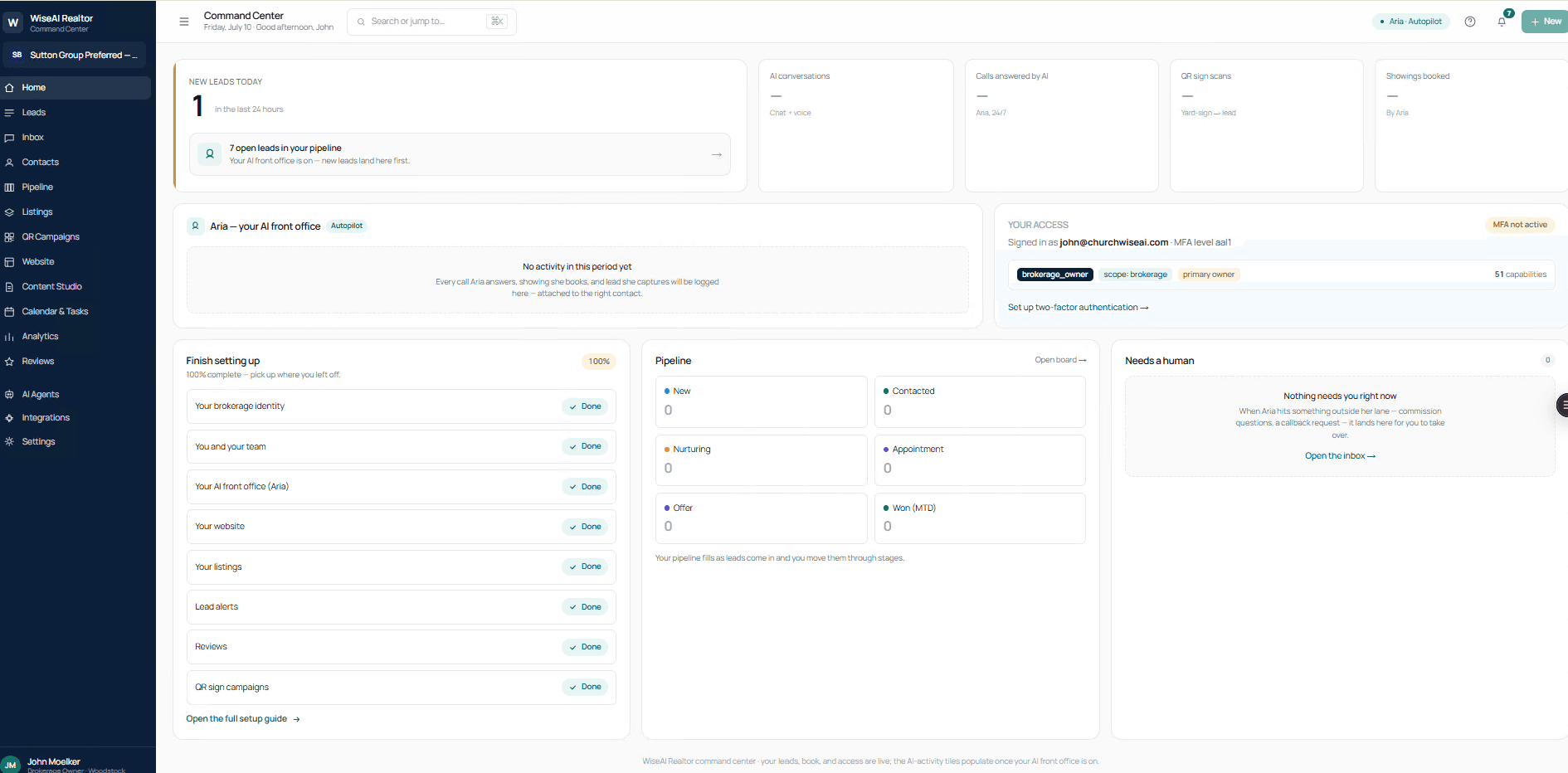 RealtyWiseAI dashboard showing leads, saved searches, and pipeline stages